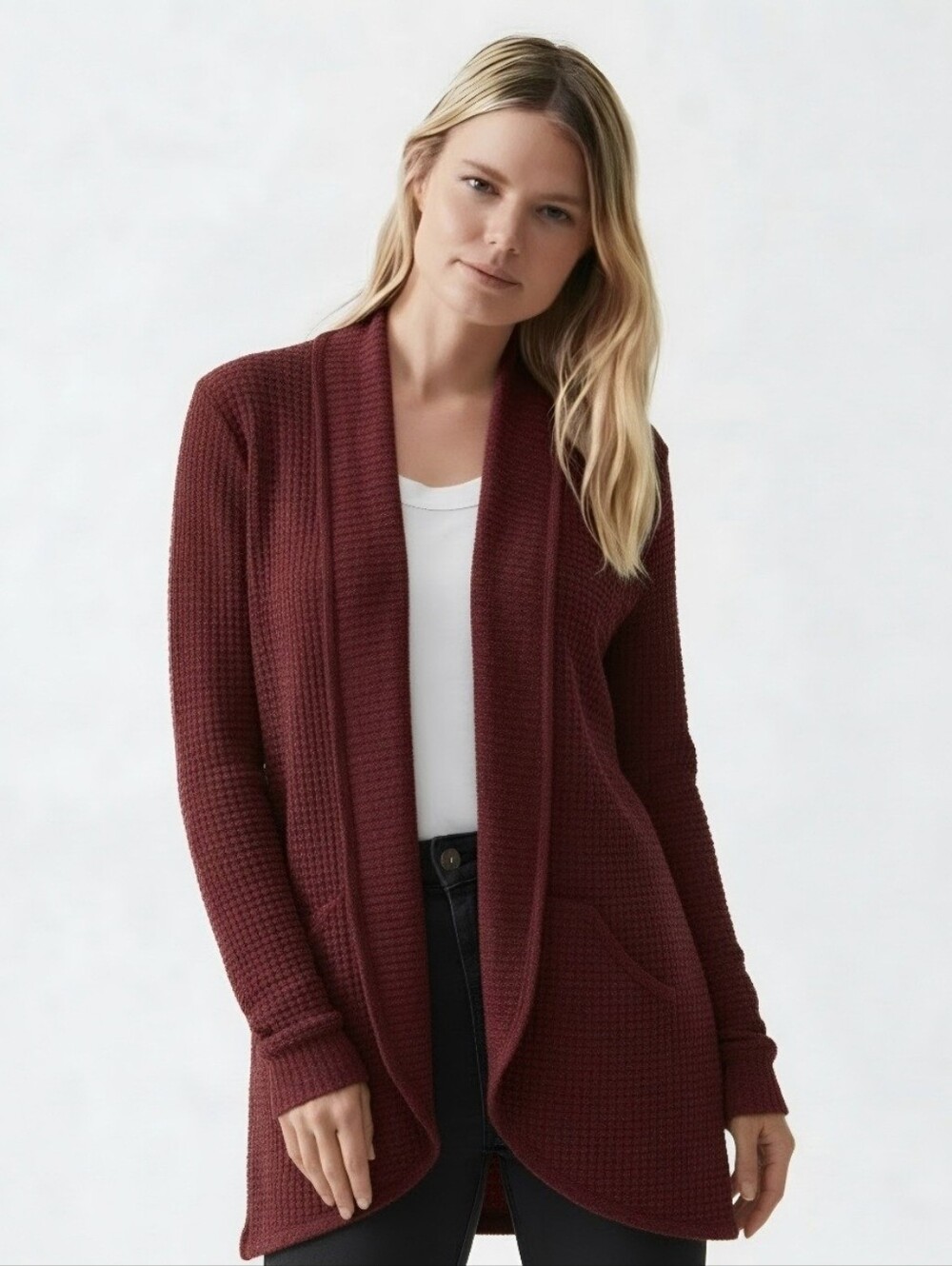 NWOT Michael Stars Ana Thermal Waffle Knit Shawl Cardigan Pinot Burgundy XL